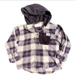 Zara Kids Plaid Button Down Flannel Shirt with Hood - Black and White